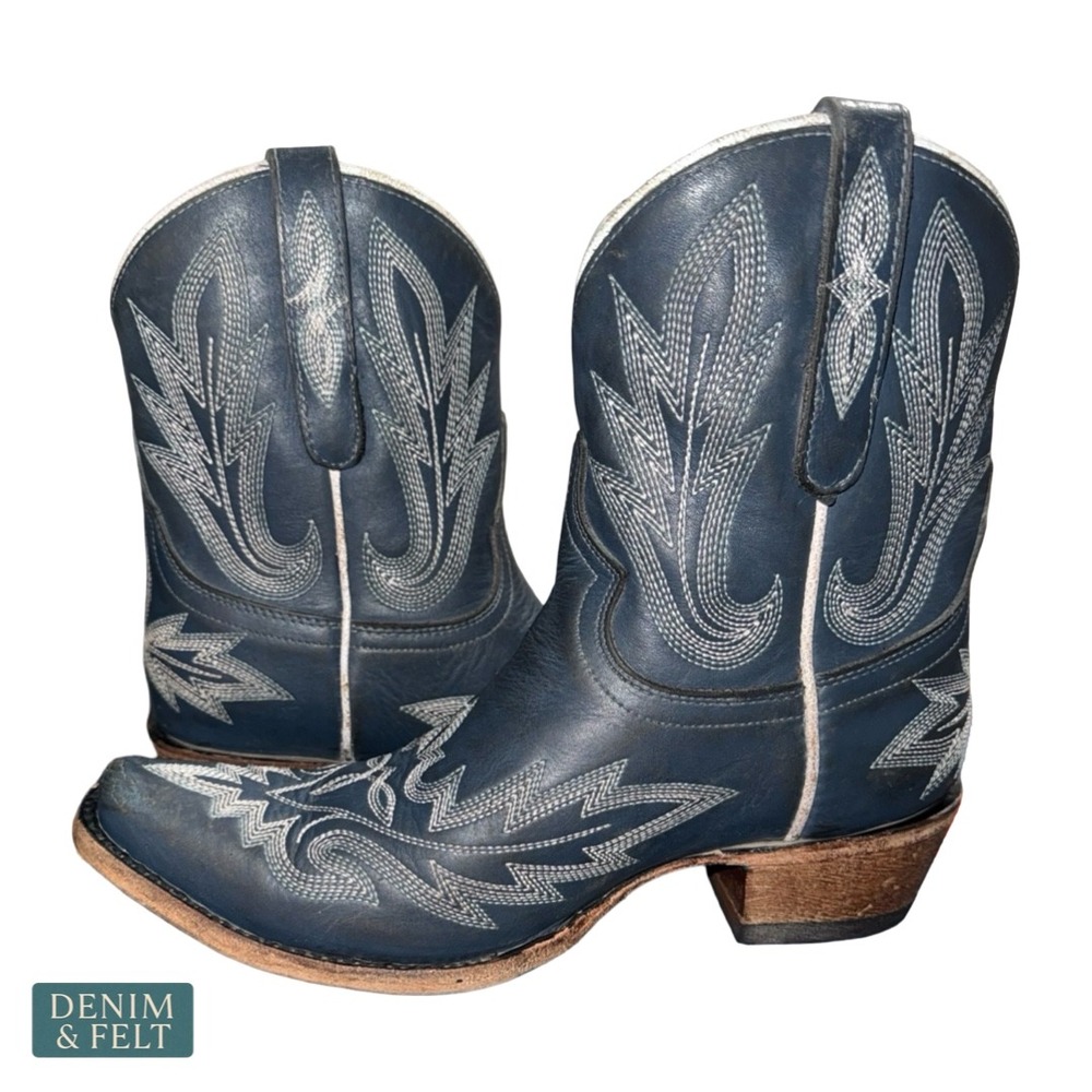 Lane Midnight‎ Blue Distressed Western Booties Snip Toe Embroidered Leather 7.5B - Picture 8 of 12